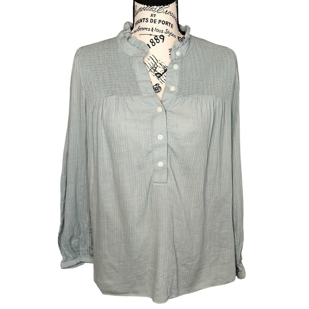 J. Crew Smocked Ruffle Neck Long Sleeve Blouse Green‎ 1/2 Button Up Cotton XS